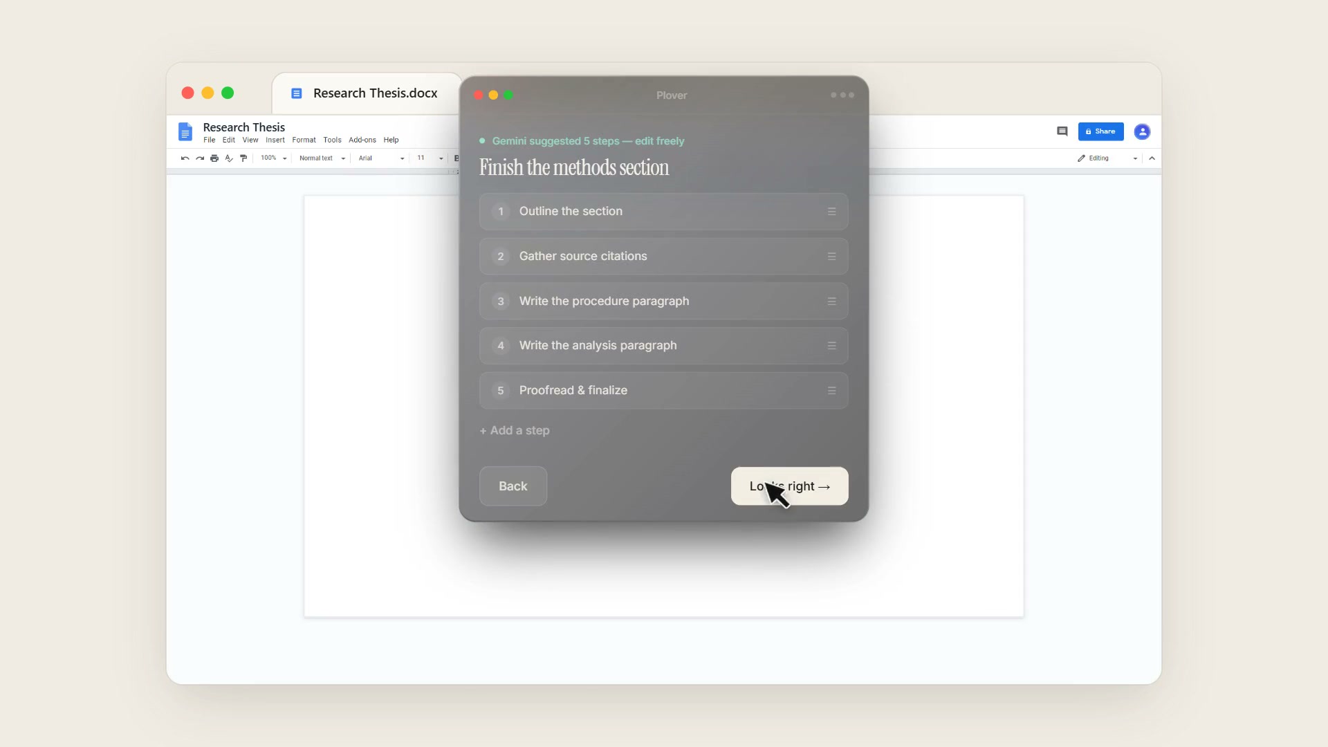 Plover AI step breakdown with editable steps